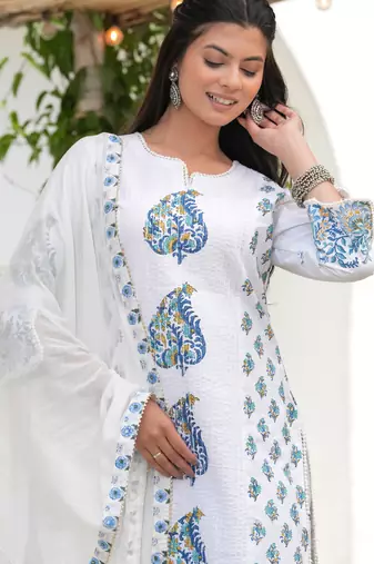 Cotton white & blue hand block print pintuck yoke kurta with sharara & mul dupatta set of 3