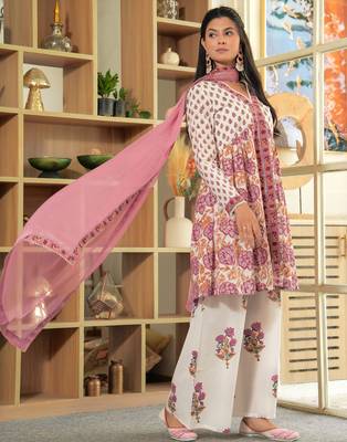 Cotton white & pink hand block print gathered kurta with sharara & chiffon dupatta set of 3 1