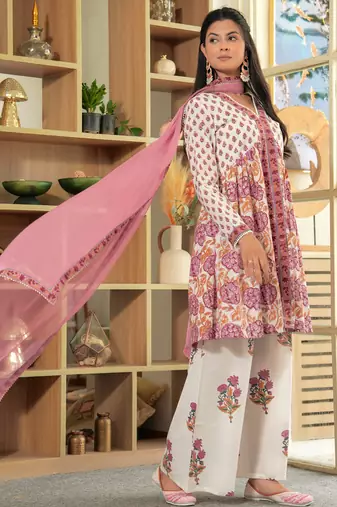 Cotton white & pink hand block print gathered kurta with sharara & chiffon dupatta set of 3