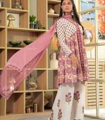Cotton white & pink hand block print gathered kurta with sharara & chiffon dupatta set of 3