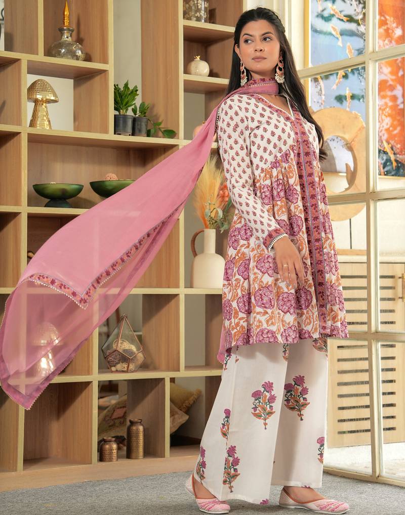 Cotton white & pink hand block print gathered kurta with sharara & chiffon dupatta set of 3
