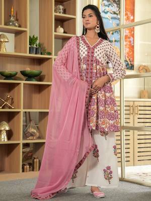 Cotton white & pink hand block print gathered kurta with sharara & chiffon dupatta set of 3 2