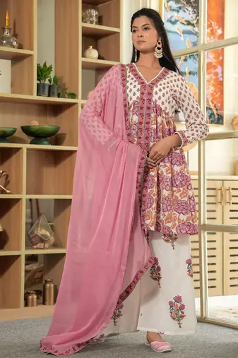 Cotton white & pink hand block print gathered kurta with sharara & chiffon dupatta set of 3