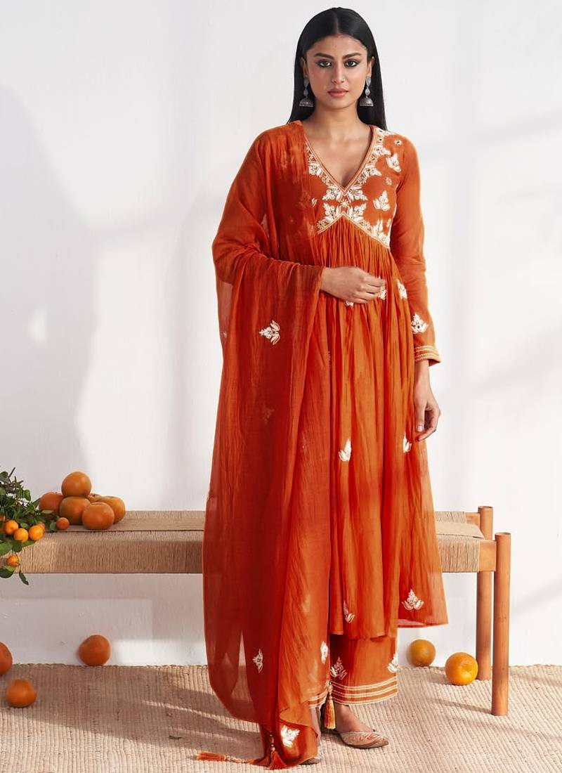 Orange vichitra silk embroidered salwar suit