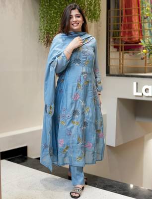 Light blue viscose chanderi embroidered salwar suit 2