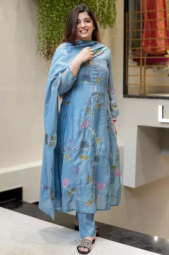 Light blue viscose chanderi embroidered salwar suit
