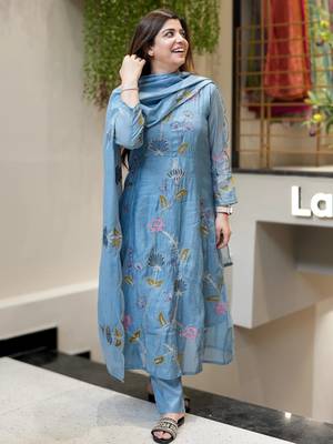 Light blue viscose chanderi embroidered salwar suit 3