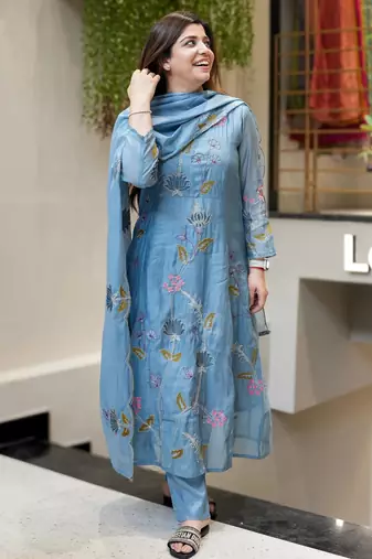 Light blue viscose chanderi embroidered salwar suit