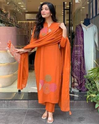 Orange rayon embroidered salwar suit 3