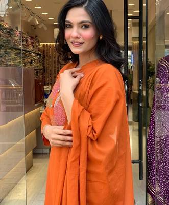 Orange rayon embroidered salwar suit 4