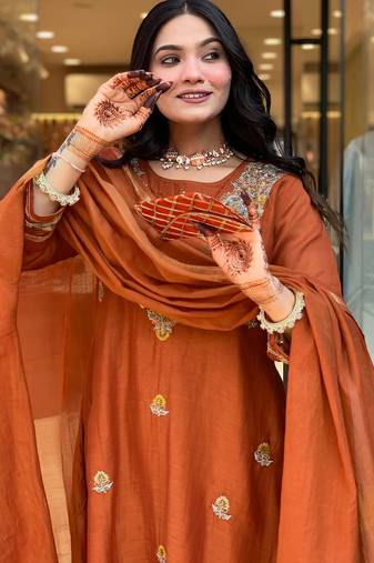 Orange vichitra silk embroidered salwar suit