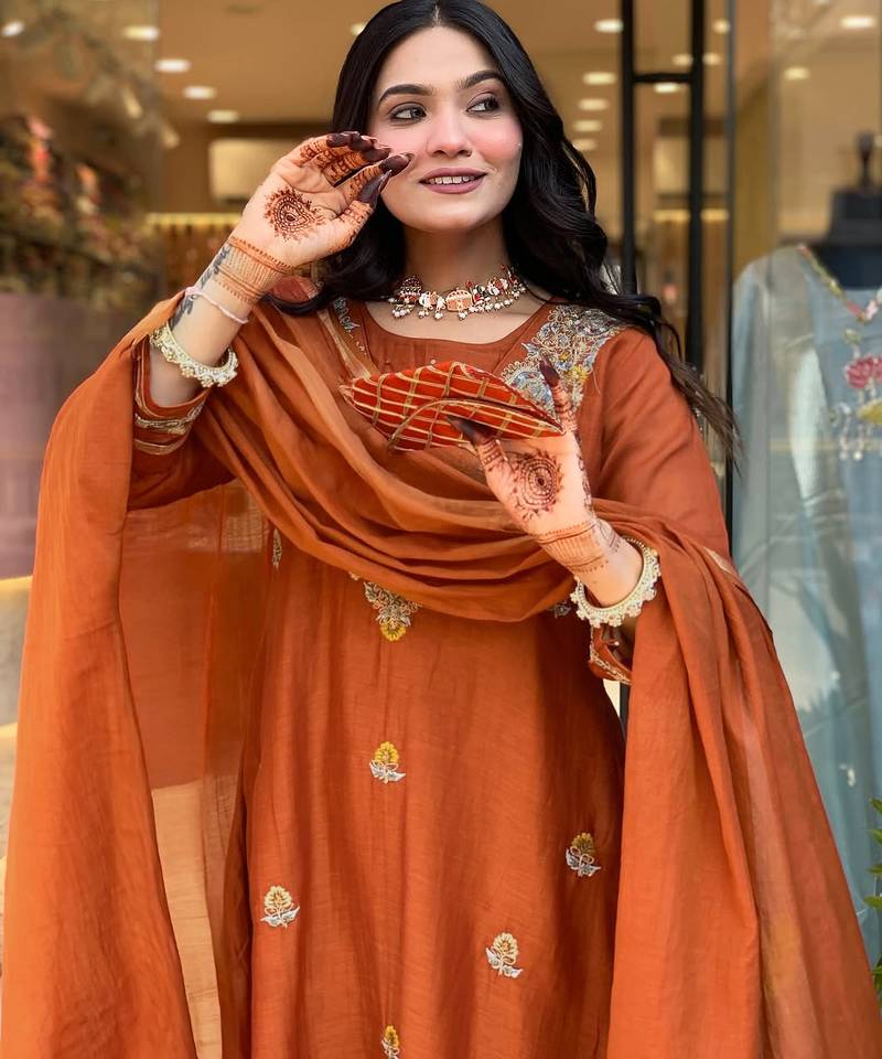 Orange vichitra silk embroidered salwar suit