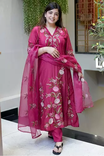 Pink chanderi silk embroidered salwar suit