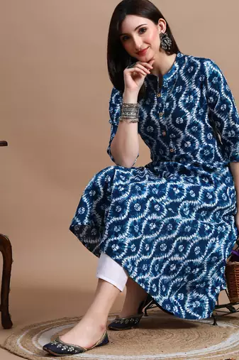 Pink printed cotton a-line kurta for women