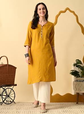 Mustard printed cotton straight kurta for women 1