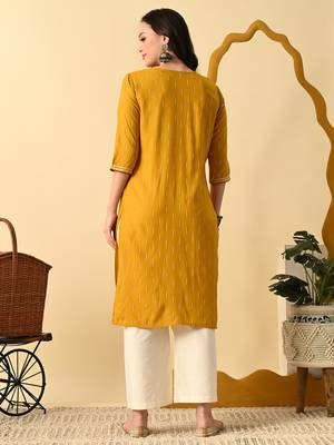 Mustard printed cotton straight kurta for women 2