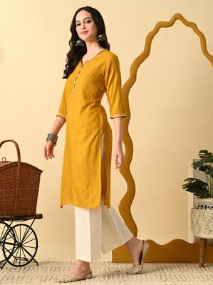 Mustard printed cotton straight kurta for women 3