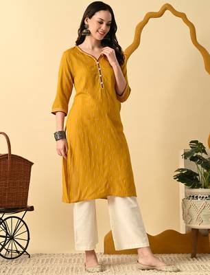 Mustard printed cotton straight kurta for women 4