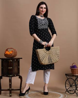 Black embroidery cotton straight kurta for women 2