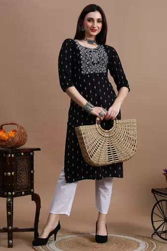 Black embroidery cotton straight kurta for women