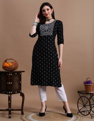 Black embroidery cotton straight kurta for women 4