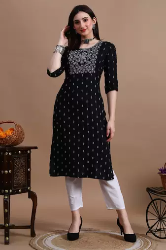 Black embroidery cotton straight kurta for women