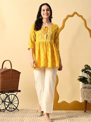 Yellow embroidery rayon short kurta for women 1
