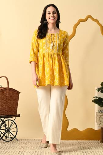Yellow embroidery rayon short kurta for women