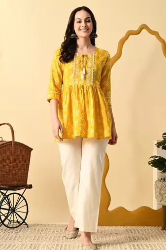Yellow embroidery rayon short kurta for women