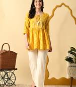 Yellow embroidery rayon short kurta for women