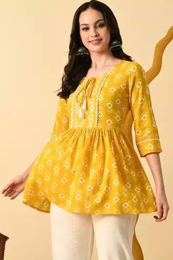 Yellow embroidery rayon short kurta for women
