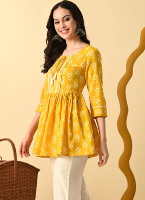 Yellow embroidery rayon short kurta for women 3