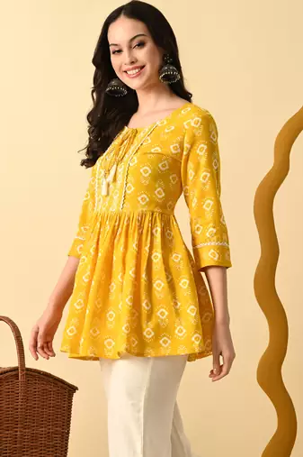 Yellow embroidery rayon short kurta for women