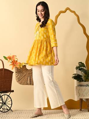 Yellow embroidery rayon short kurta for women 4