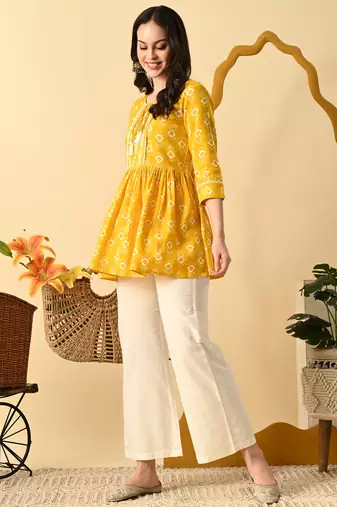 Yellow embroidery rayon short kurta for women