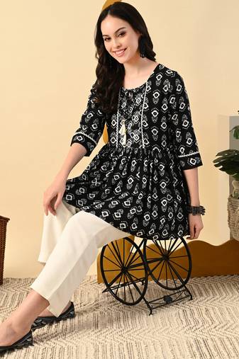 Black embroidery rayon short kurta for women