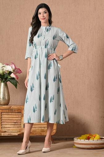 Blue printed cotton a-line kurta for women