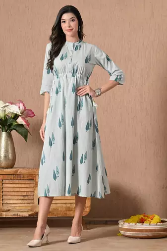 Blue printed cotton a-line kurta for women