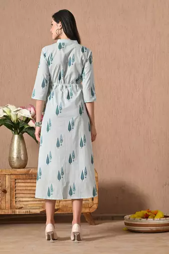 Blue printed cotton a-line kurta for women