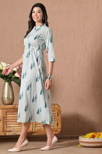 Blue printed cotton a-line kurta for women