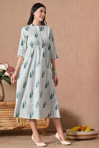 Blue printed cotton a-line kurta for women