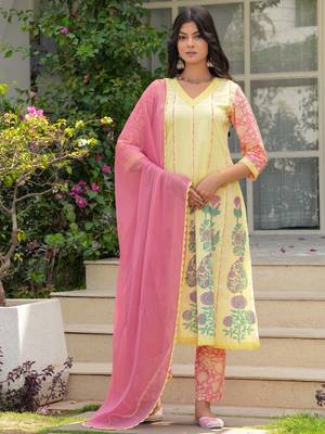 Cotton light yellow hand block placement print anarkali kurta with pants & chiffon dupatta set of 3 1
