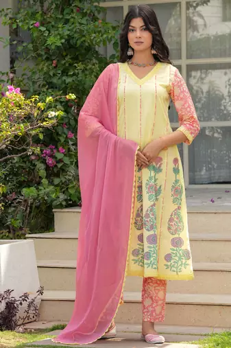Cotton light yellow hand block placement print anarkali kurta with pants & chiffon dupatta set of 3