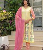 Cotton light yellow hand block placement print anarkali kurta with pants & chiffon dupatta set of 3