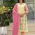 Cotton light yellow hand block placement print anarkali kurta with pants & chiffon dupatta set of 3