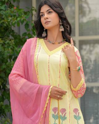 Cotton light yellow hand block placement print anarkali kurta with pants & chiffon dupatta set of 3 2