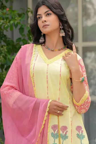 Cotton light yellow hand block placement print anarkali kurta with pants & chiffon dupatta set of 3