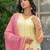 Cotton light yellow hand block placement print anarkali kurta with pants & chiffon dupatta set of 3