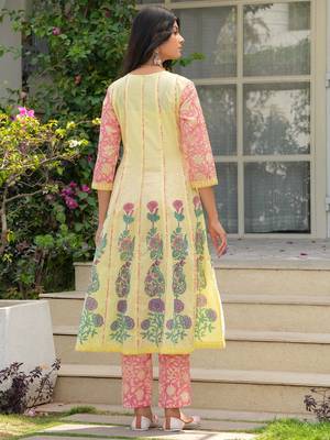 Cotton light yellow hand block placement print anarkali kurta with pants & chiffon dupatta set of 3 3