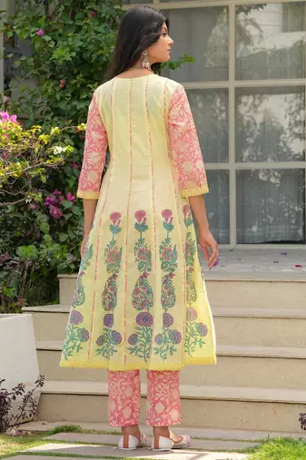 Cotton light yellow hand block placement print anarkali kurta with pants & chiffon dupatta set of 3